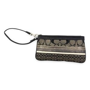 Vintage Y2K Coach Wristlet Pouch Tan Black Signature Striped Leather Canvas Trim